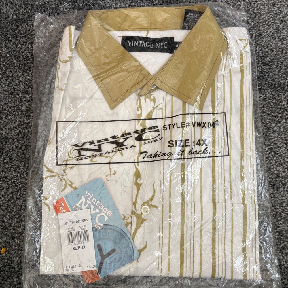 Vintage NYC Nostalgia 1957 Mens 4X Green White‎ Striped Graphic Button Shirt